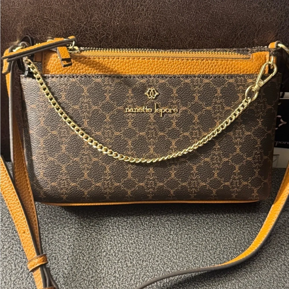 Nanette Lepore Brown and Tan Crossbody Bag with card holder